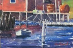 seascape, peggy's cove, halifax, nova scotia, canada, harbor, fishing, pier, rowboat, boat, dinghy, original watercolor painting, oberst